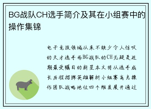 BG战队CH选手简介及其在小组赛中的操作集锦