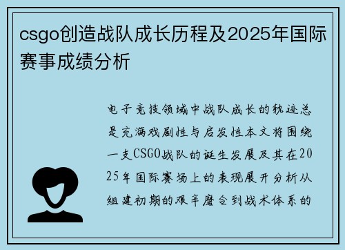 csgo创造战队成长历程及2025年国际赛事成绩分析
