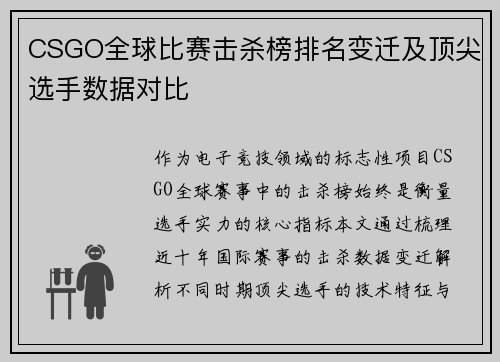 CSGO全球比赛击杀榜排名变迁及顶尖选手数据对比